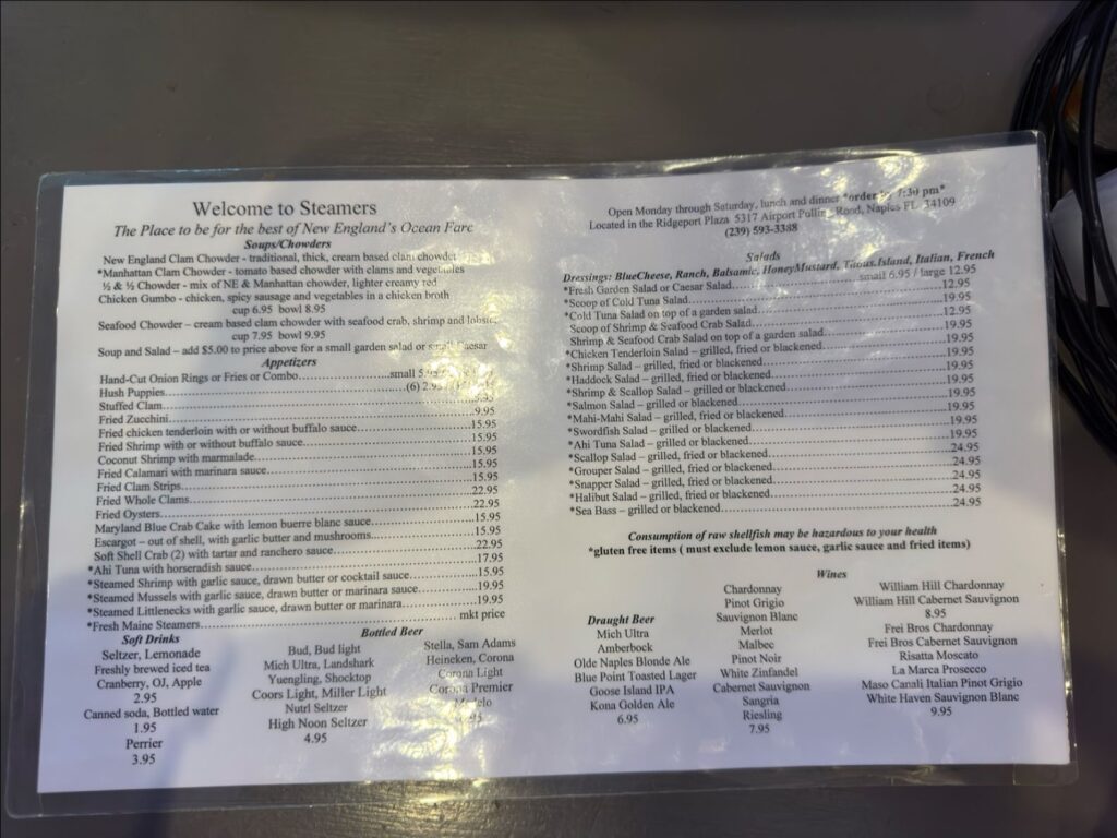 Steamers of Naples Menu 2