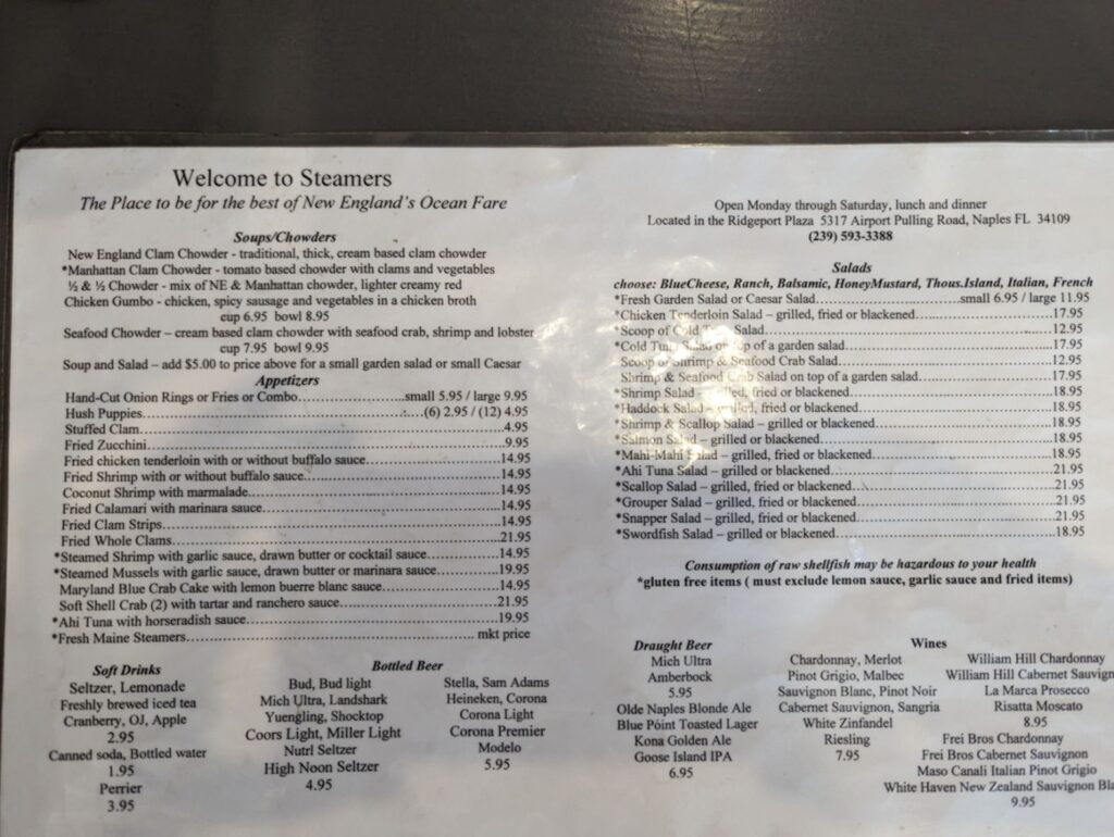 Steamers of Naples Menu 5